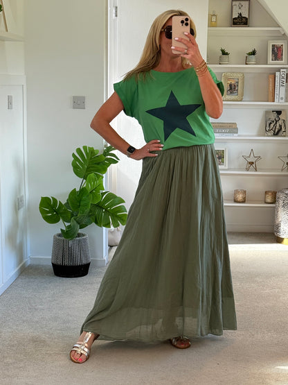 Khaki Cotton Pocket Maxi Skirt
