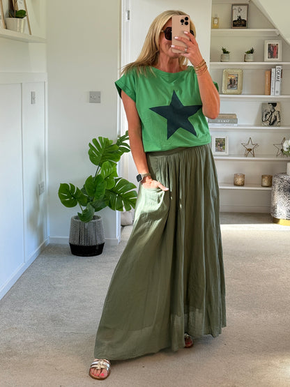 Khaki Cotton Pocket Maxi Skirt