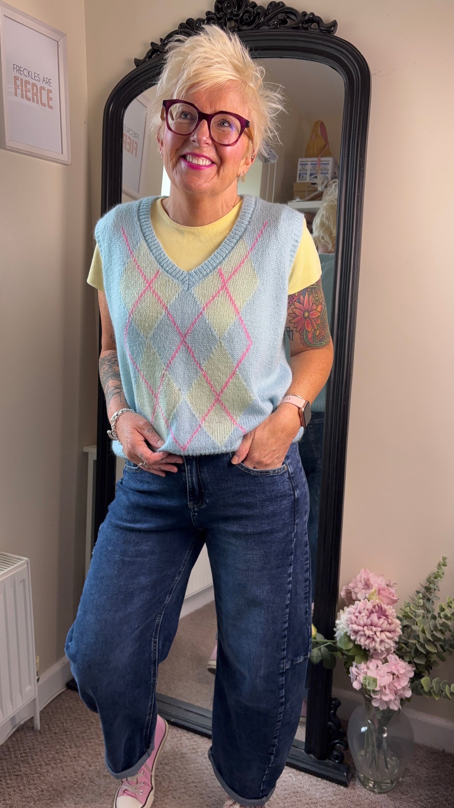 Blue/Pink Argyle V Neck Tank Top