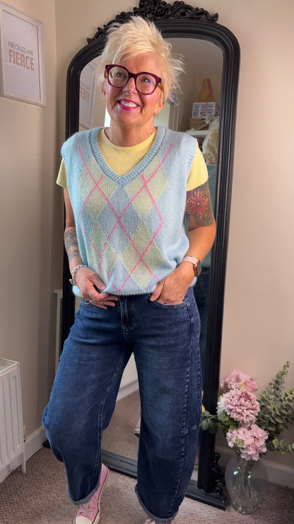 Blue/Pink Argyle V Neck Tank Top