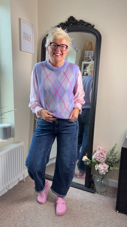 Blue/Pink Argyle V Neck Tank Top