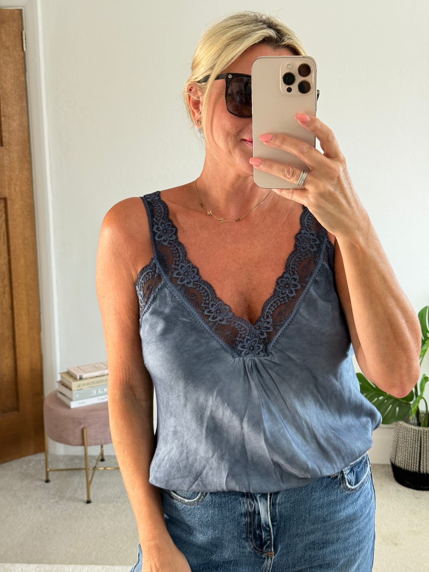 Light Navy Satin/Lace Cami Top