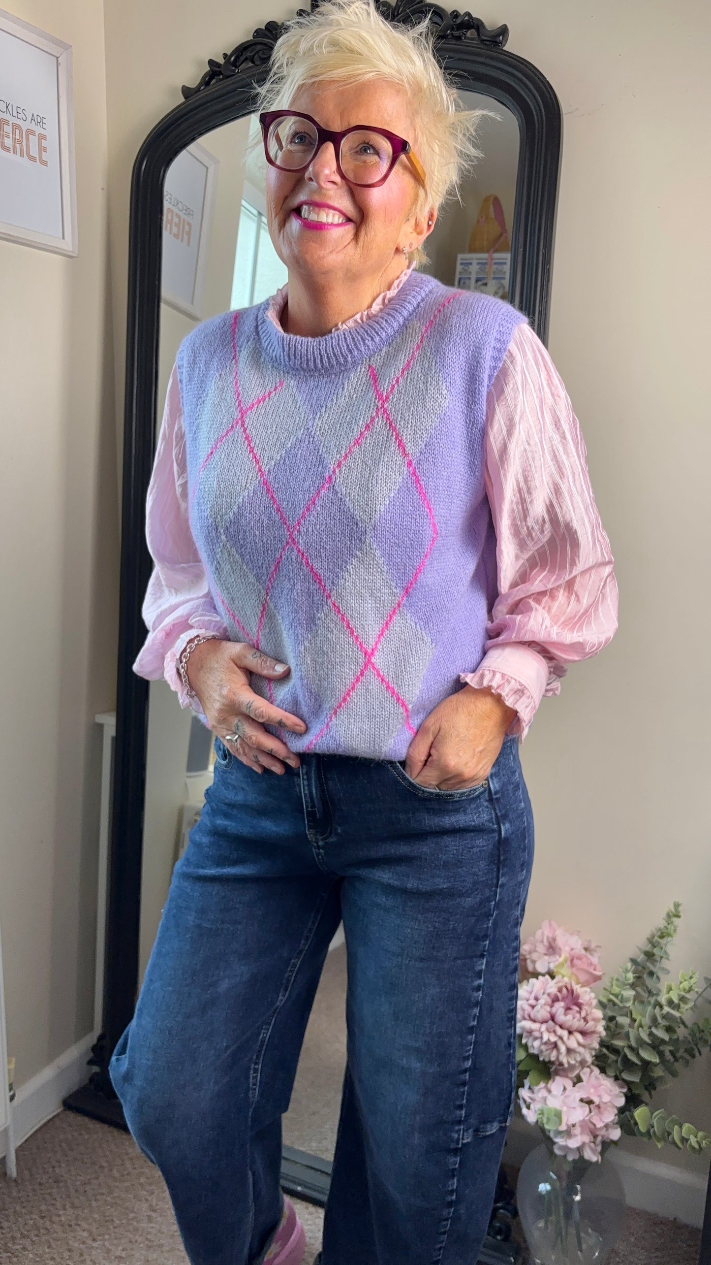 Blue/Pink Argyle V Neck Tank Top