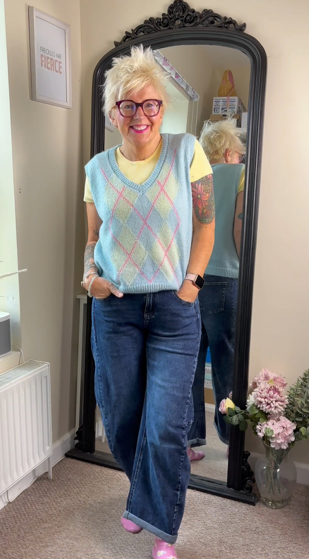 Blue/Pink Argyle V Neck Tank Top