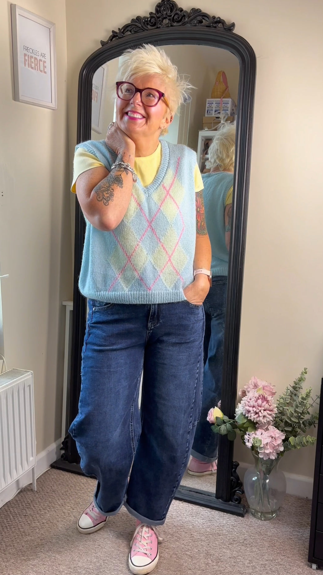 Blue/Pink Argyle V Neck Tank Top