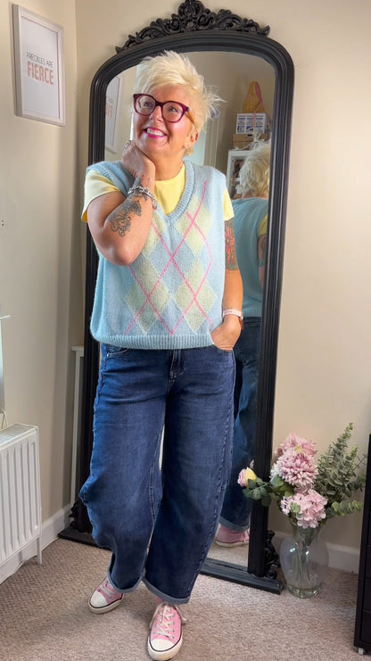 Blue/Pink Argyle V Neck Tank Top