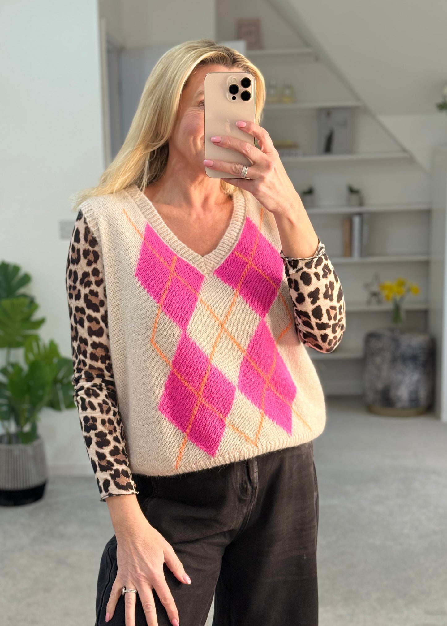 Beige/Pink Argyle V Neck Tank Top