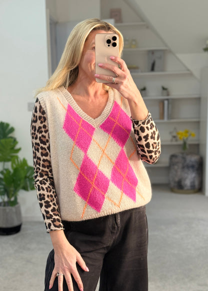 Beige/Pink Argyle V Neck Tank Top