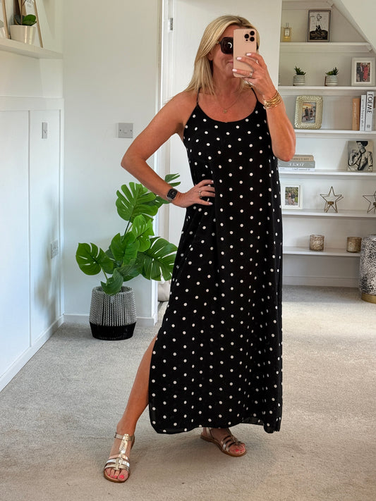 Black/White Polka Dot Strappy Maxi Dress