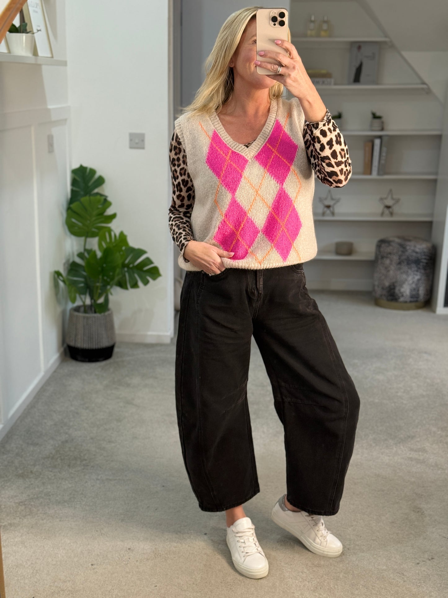 Beige/Pink Argyle V Neck Tank Top