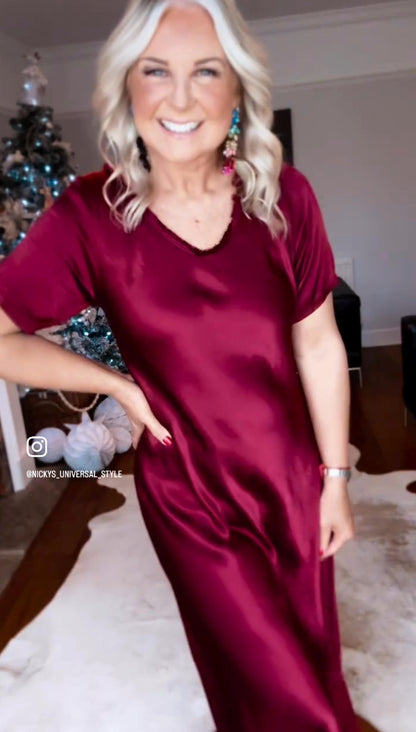Burgundy Short Sleeve Satin Slip Dress