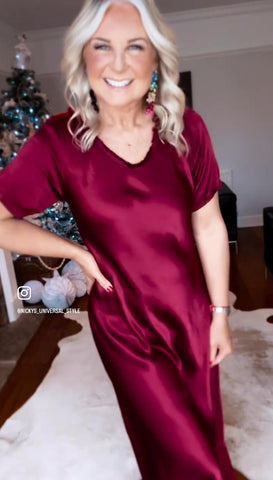 Burgundy Short Sleeve Satin Slip Dress