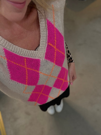 Beige/Pink Argyle V Neck Tank Top