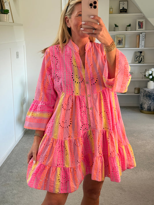 Neon Aztec Broderie Anglaise Summer Dress