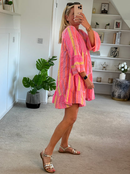 Neon Aztec Broderie Anglaise Summer Dress