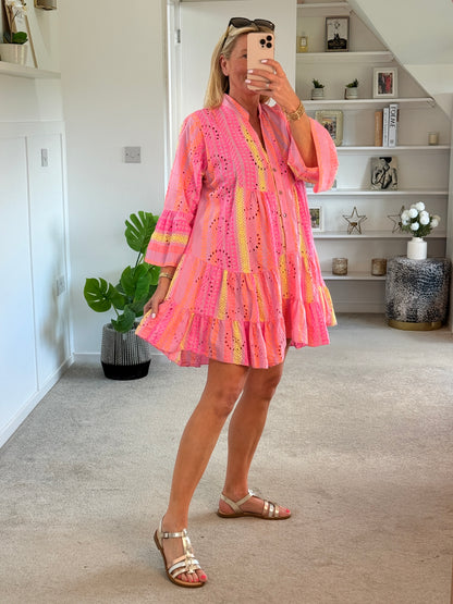 Neon Aztec Broderie Anglaise Summer Dress