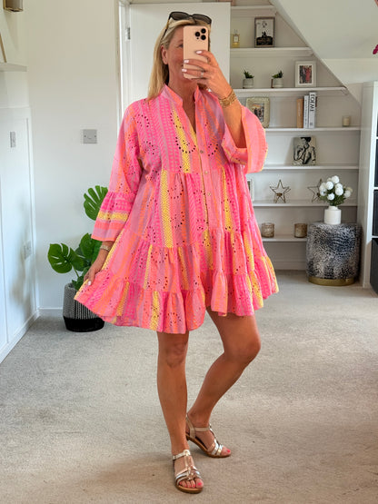 Neon Aztec Broderie Anglaise Summer Dress