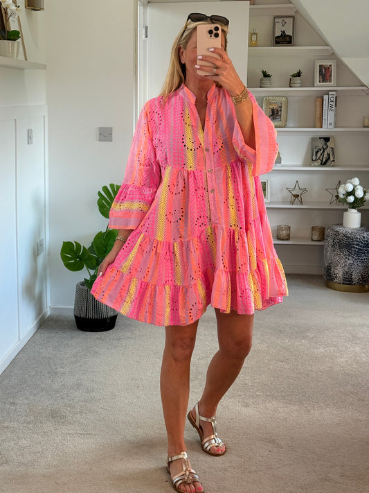 Neon Aztec Broderie Anglaise Summer Dress