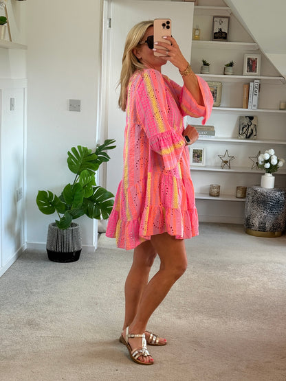 Neon Aztec Broderie Anglaise Summer Dress