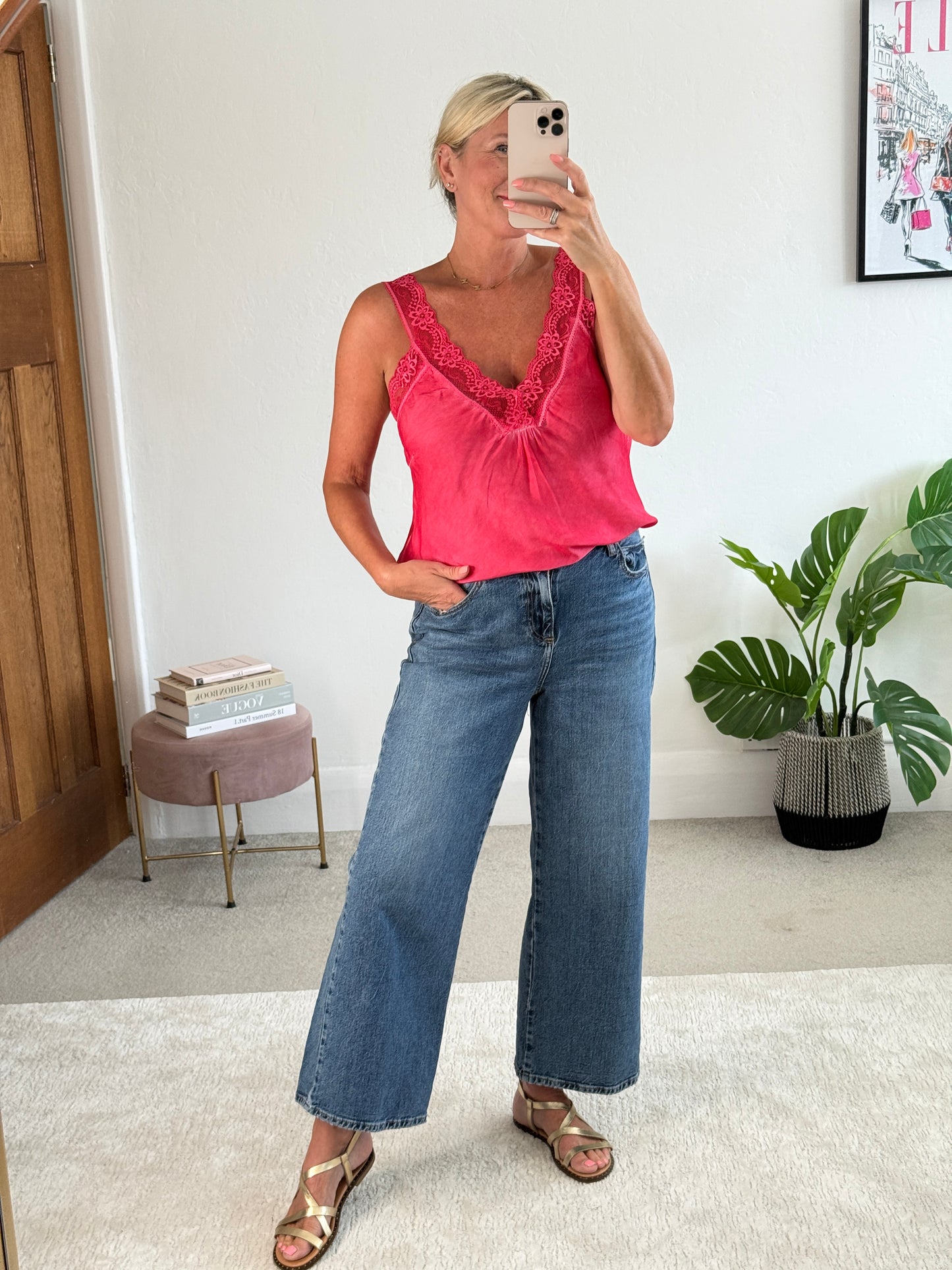 Hot Pink/Coral Satin/Lace Cami Top