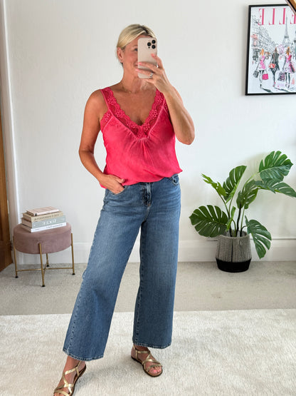 Hot Pink/Coral Satin/Lace Cami Top