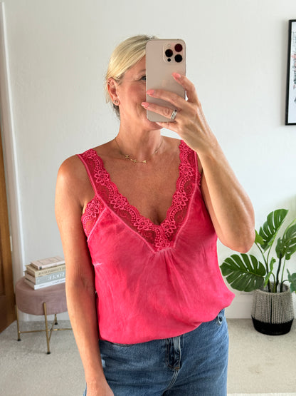 Hot Pink/Coral Satin/Lace Cami Top