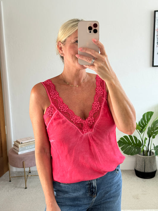 Hot Pink/Coral Satin/Lace Cami Top