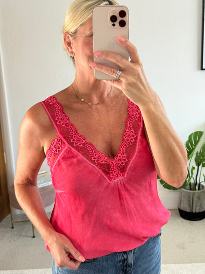 Hot Pink/Coral Satin/Lace Cami Top
