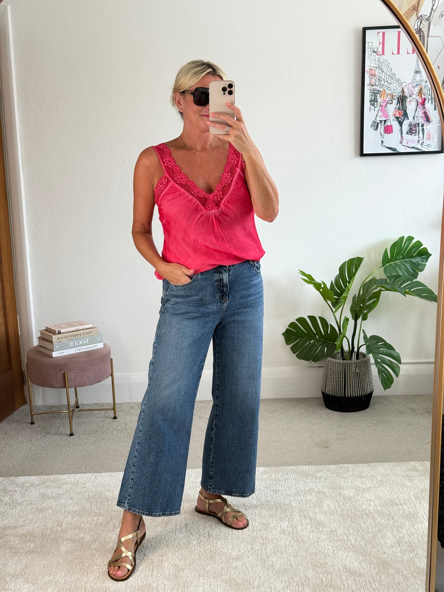 Hot Pink/Coral Satin/Lace Cami Top