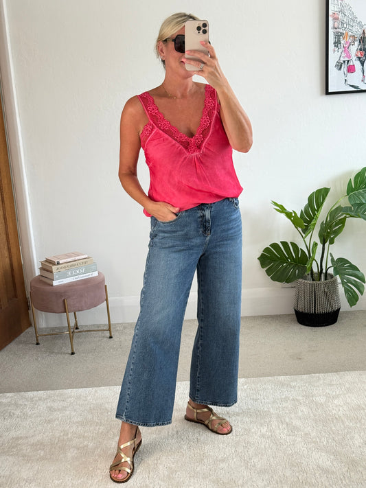 Hot Pink/Coral Satin/Lace Cami Top