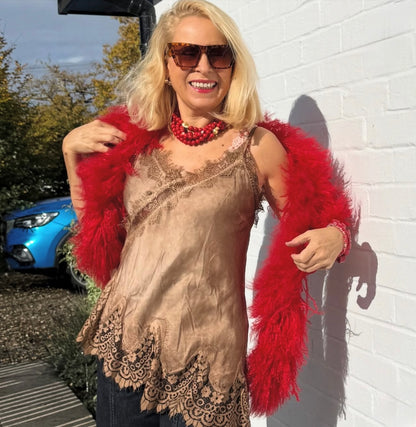 Camel Satin Lace Asymmetric Cami Top