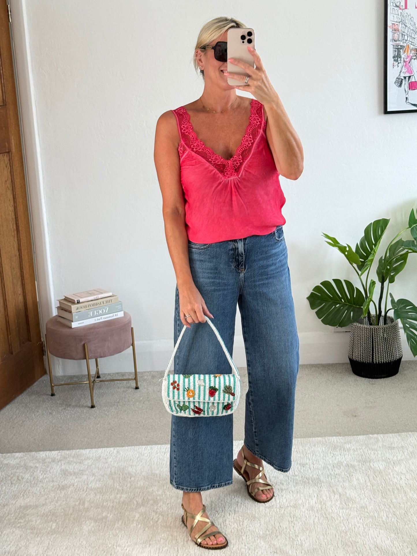 Hot Pink/Coral Satin/Lace Cami Top