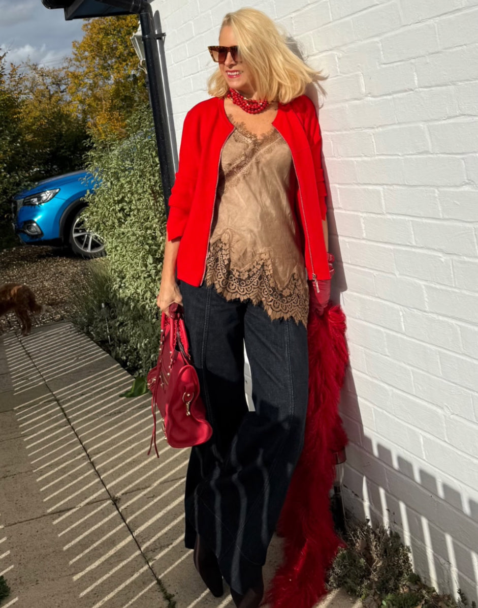 Camel Satin Lace Asymmetric Cami Top