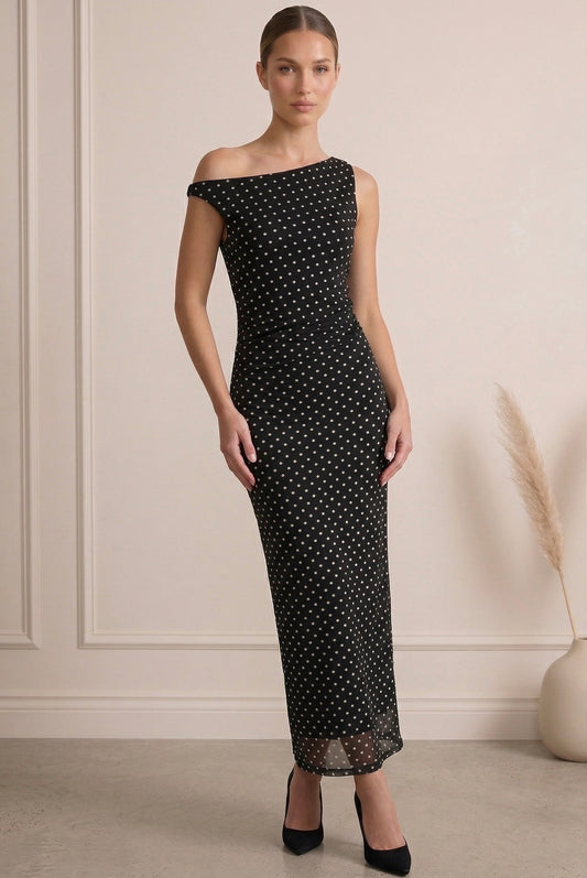 Black Polka Dot One Shoulder Dress