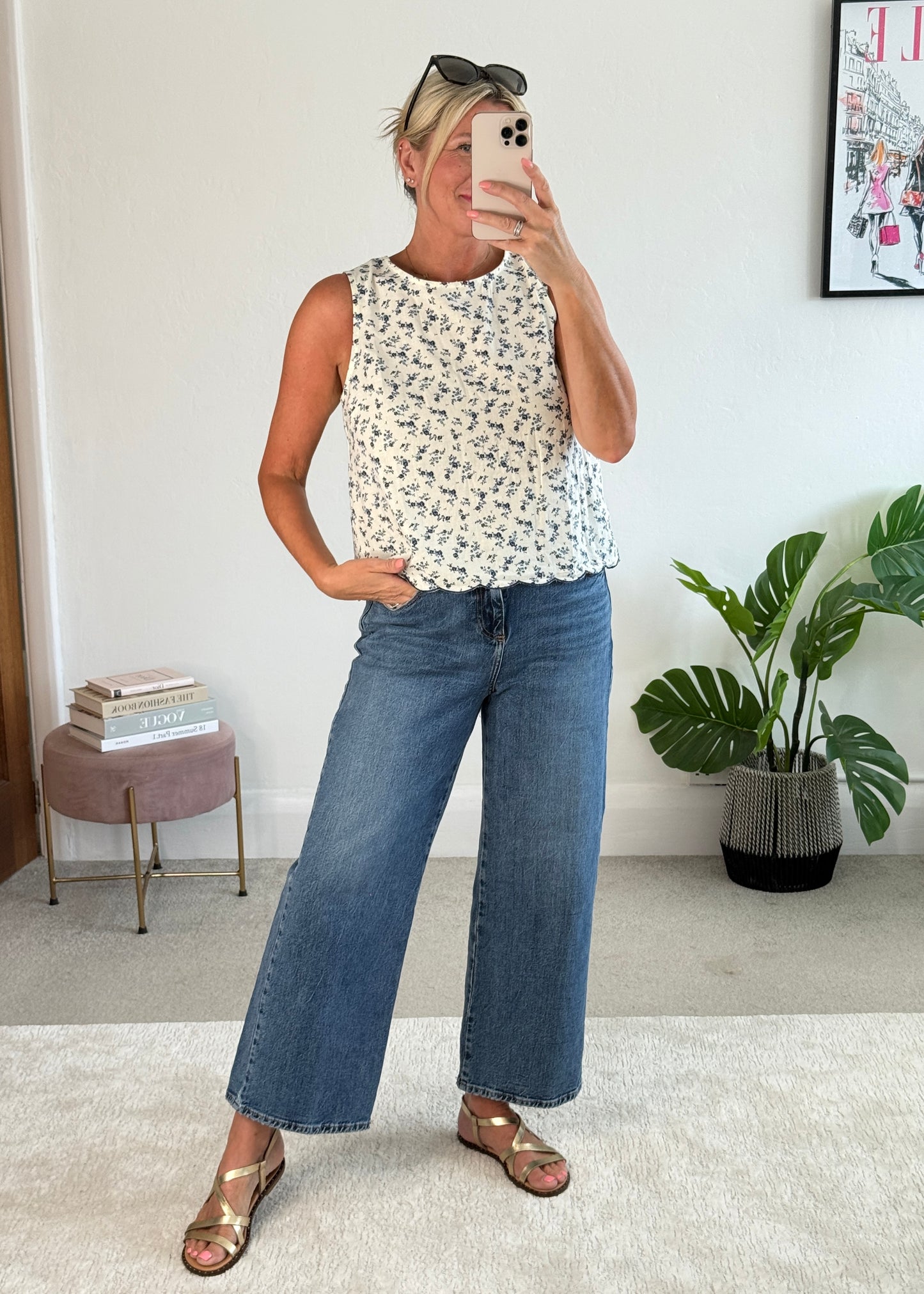 Navy Floral Scallop Edge Top