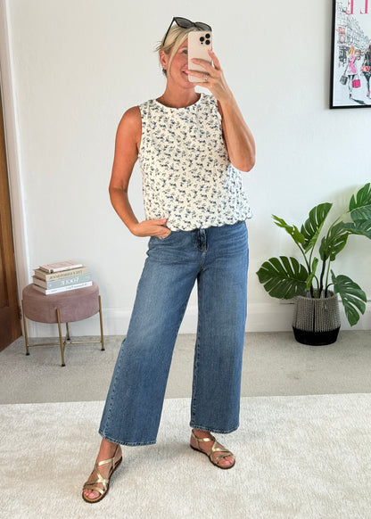 Navy Floral Scallop Edge Top