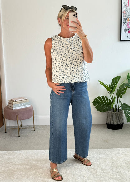 Navy Floral Scallop Edge Top