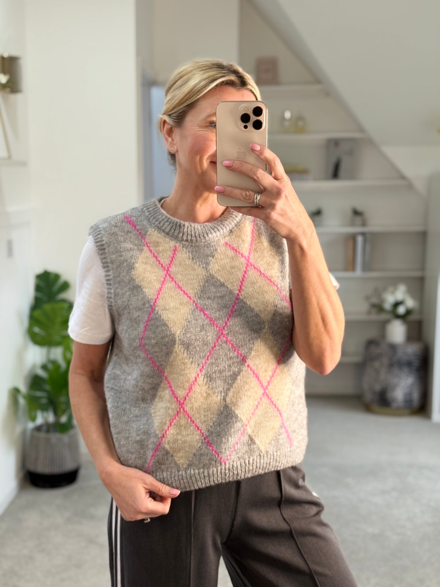 Grey/Pink Argyle Round Neck Tank Top
