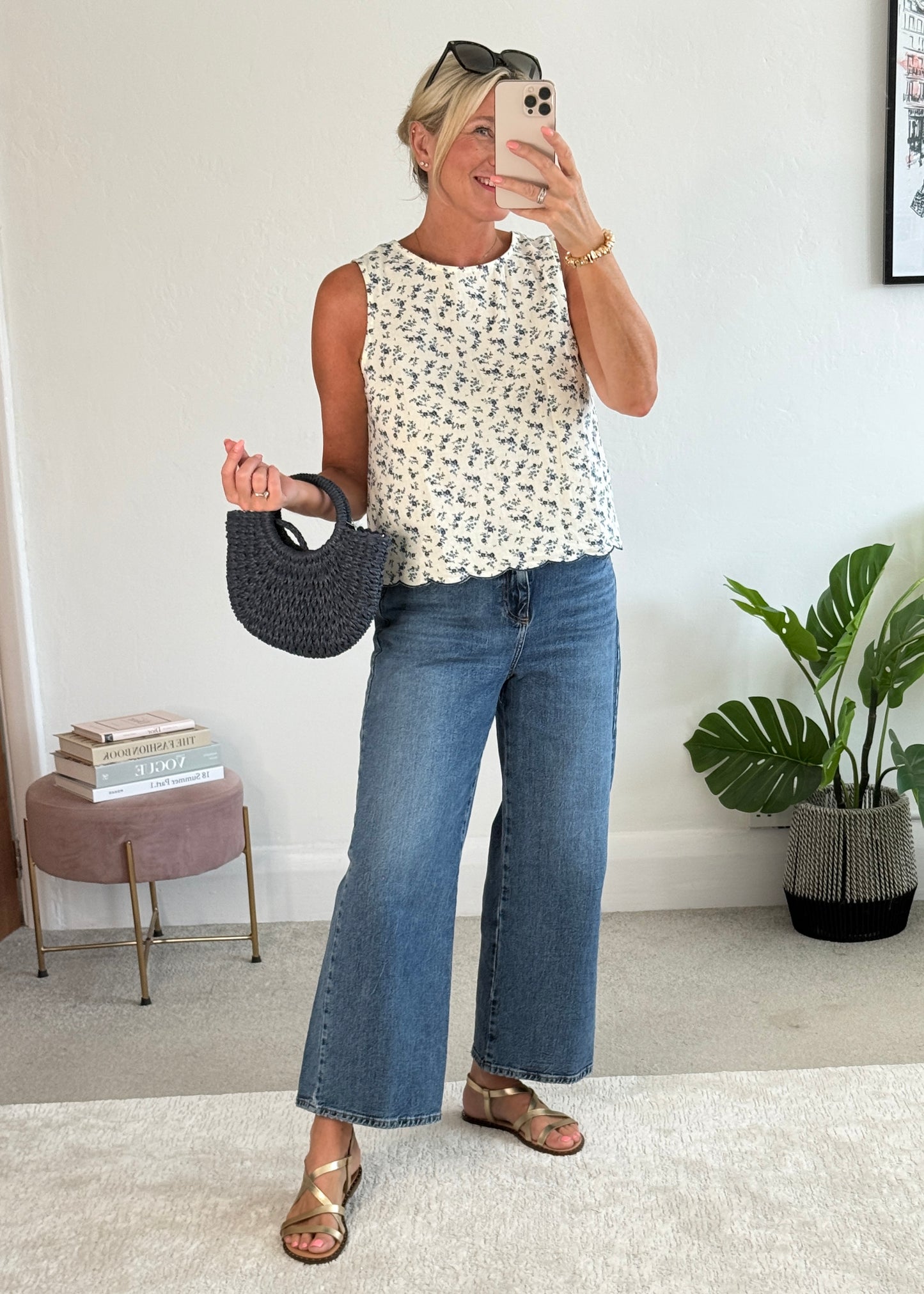 Navy Floral Scallop Edge Top