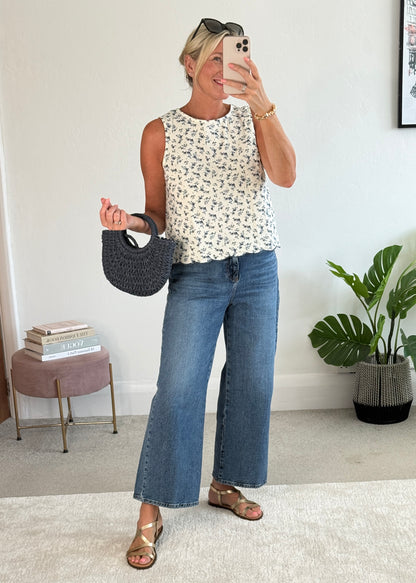 Navy Floral Scallop Edge Top