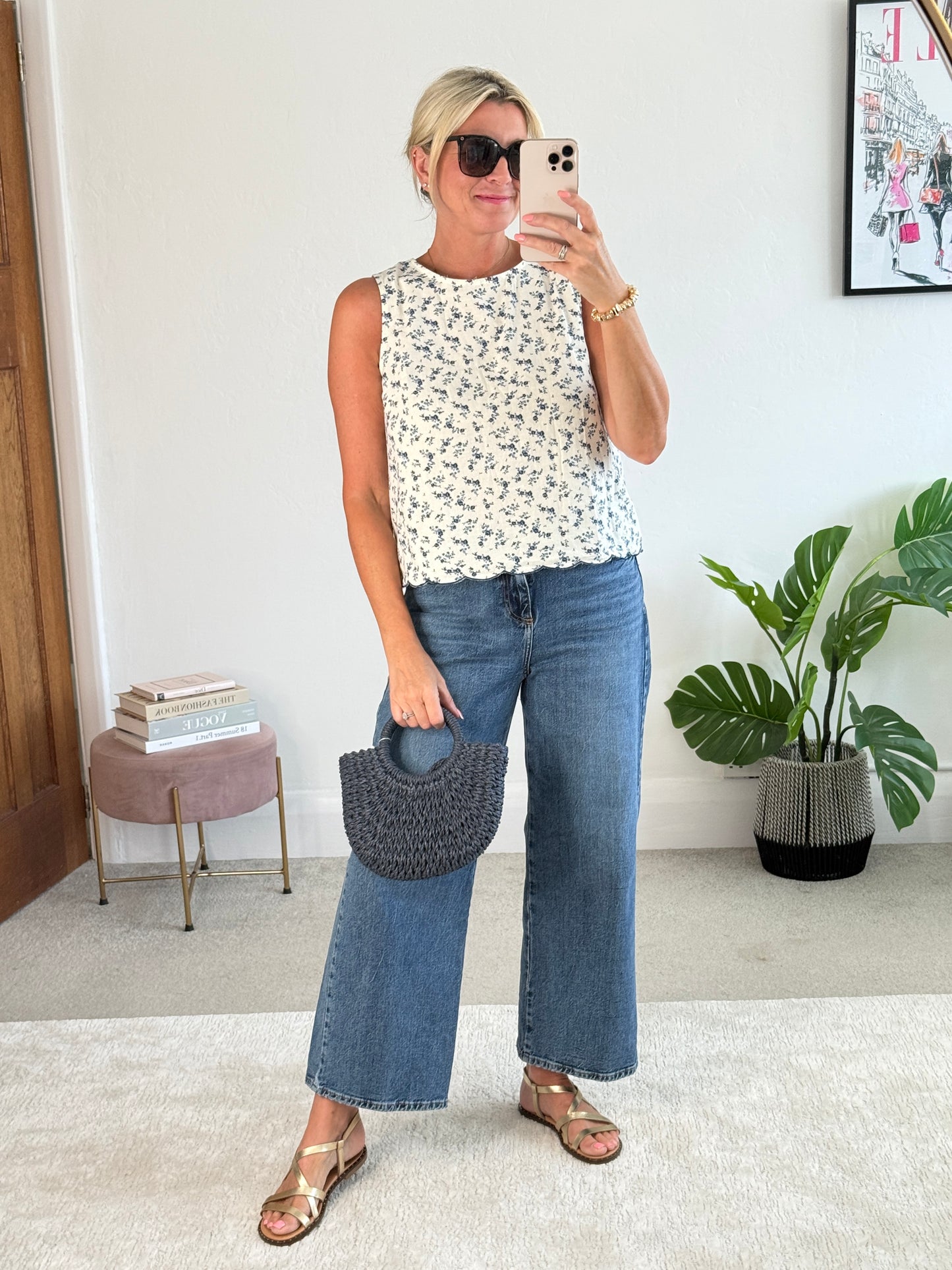 Navy Floral Scallop Edge Top