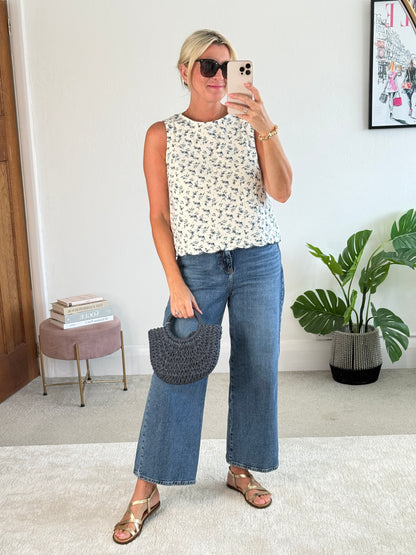 Navy Floral Scallop Edge Top