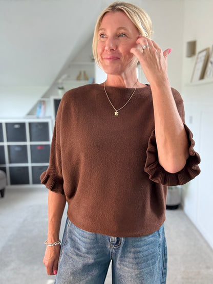 Chocolate Frill Sleeve Batwing Jumper