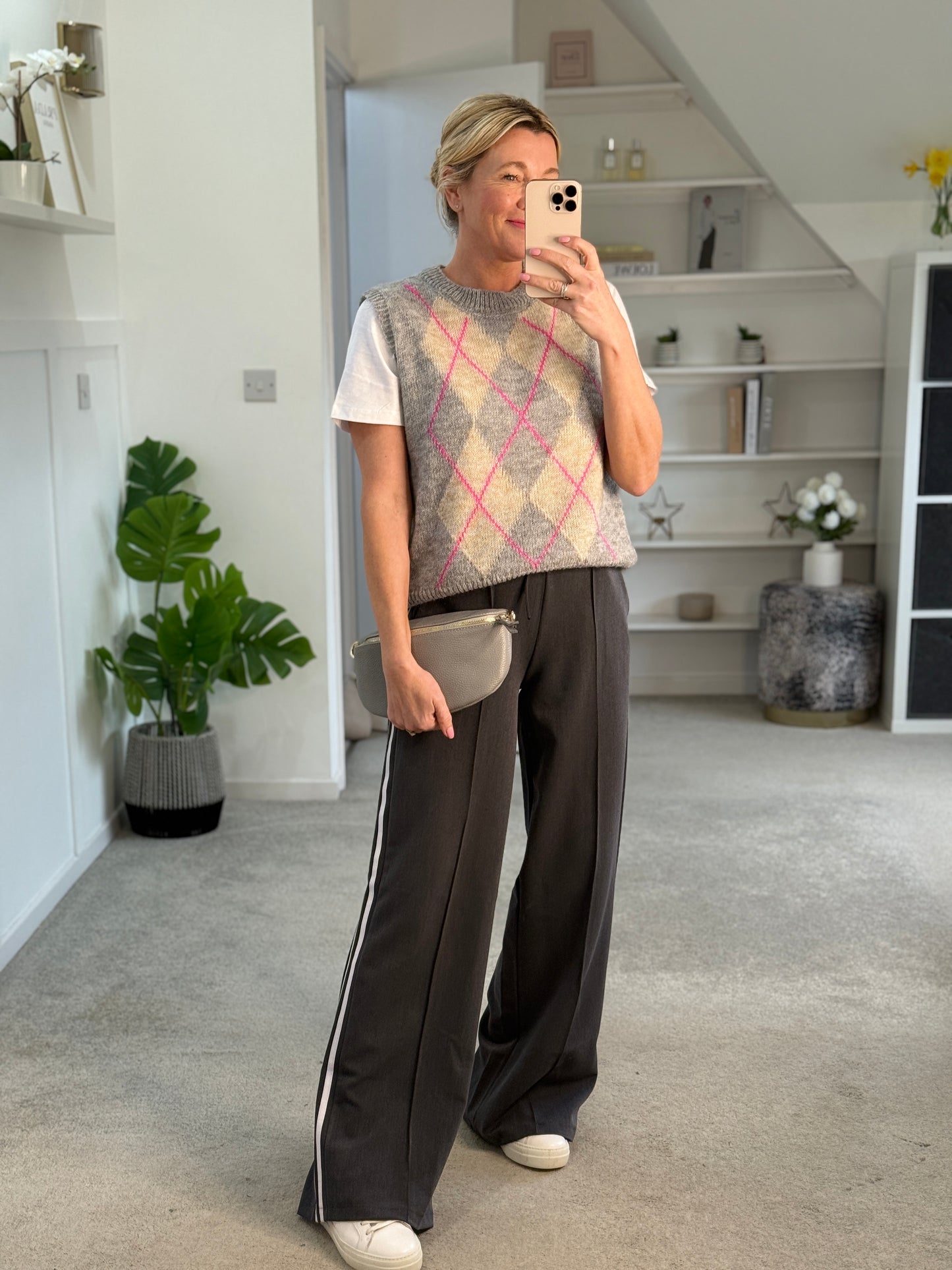 Grey/Pink Argyle Round Neck Tank Top