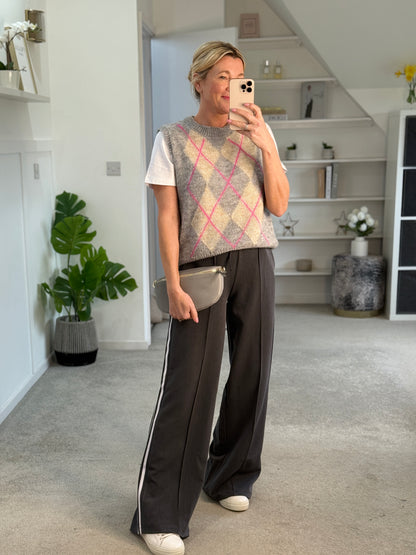 Grey/Pink Argyle Round Neck Tank Top