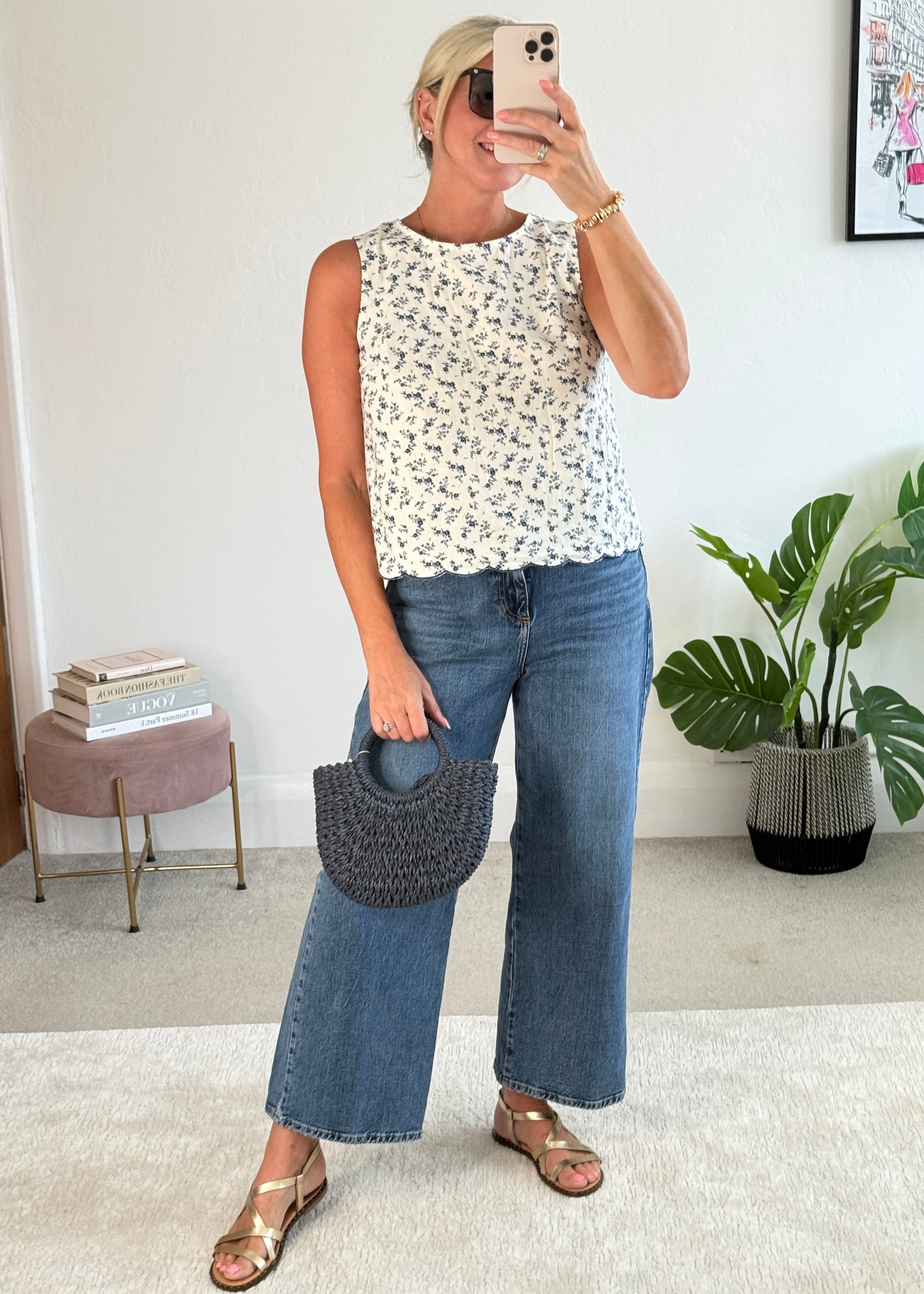 Navy Floral Scallop Edge Top