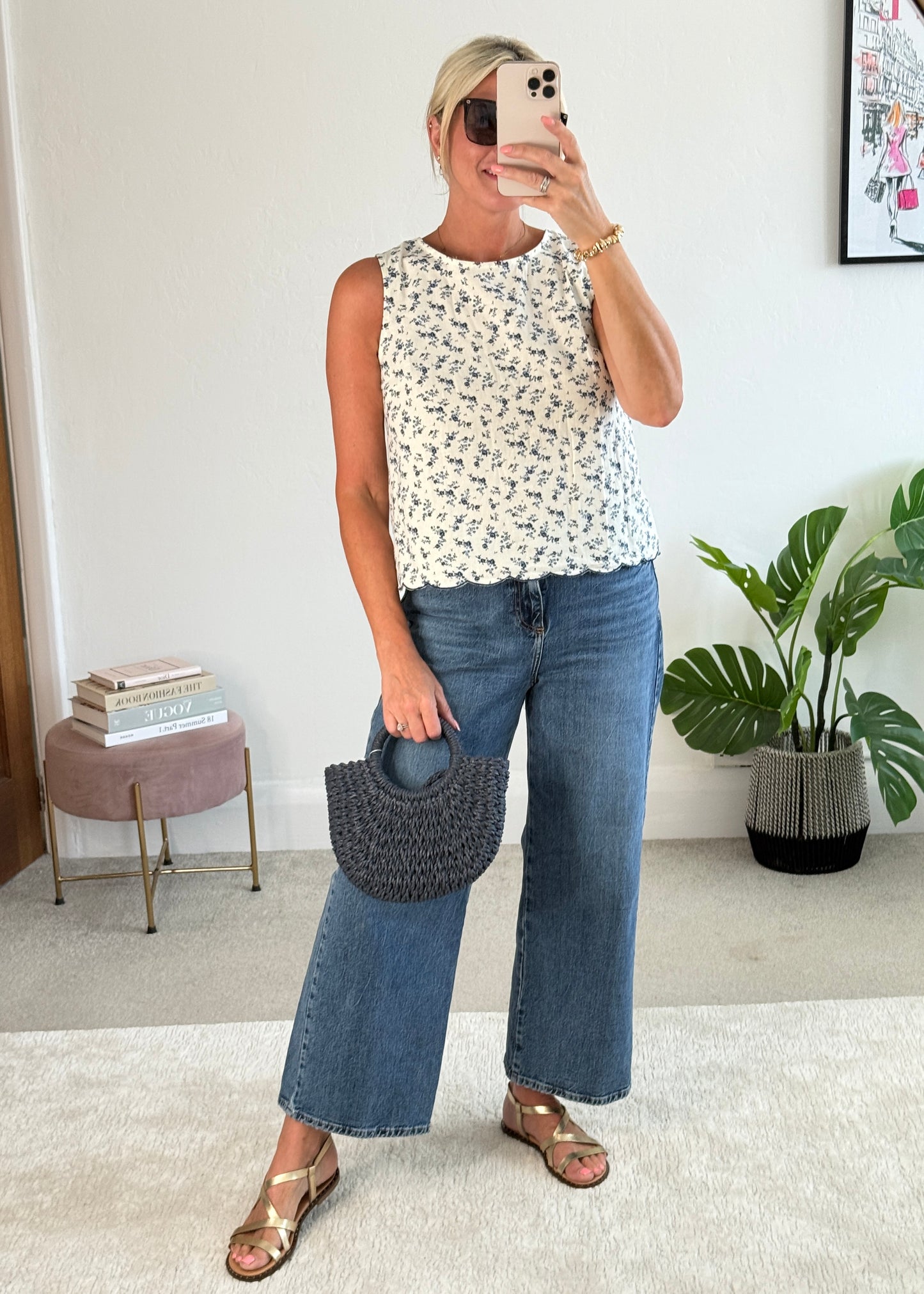 Navy Floral Scallop Edge Top