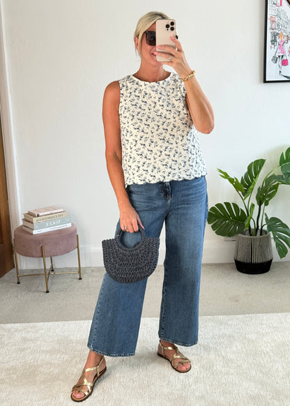 Navy Floral Scallop Edge Top