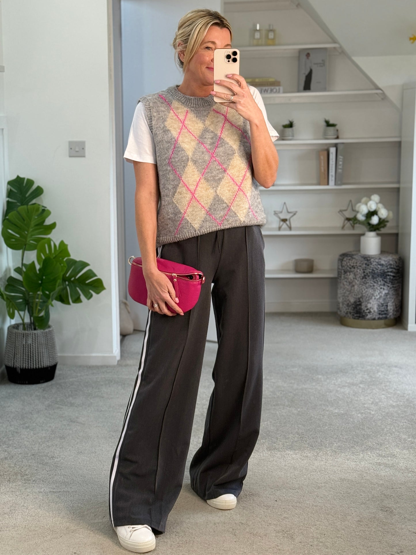 Grey/Pink Argyle Round Neck Tank Top