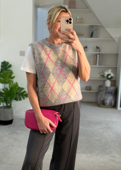 Grey/Pink Argyle Round Neck Tank Top
